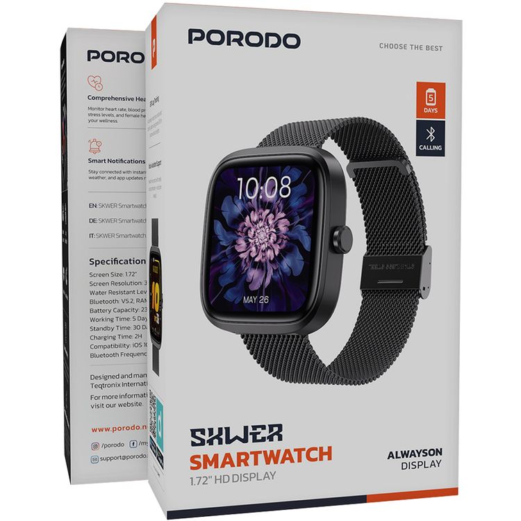 Porodo Skwer Smart Watch with 1.72" HD Screen Size, 230mAh Battery Capacity, 5 Days Working Time, 30 Days Standby Time, 2 Hours Charging Time, Smart Connectivity, Sleep Analysis, Camera Shutter, Smart Notifications, iOS 10 Above & Android 10.0 Above Compatibility - Black