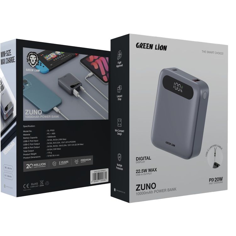 Green Lion Zuno 10000mAh Power Bank with Digital Display, 22.5W USB-A Output, 20W Power Delivery, Fast Charge Support, Flight-Approved, Mini Compact Design - Gray