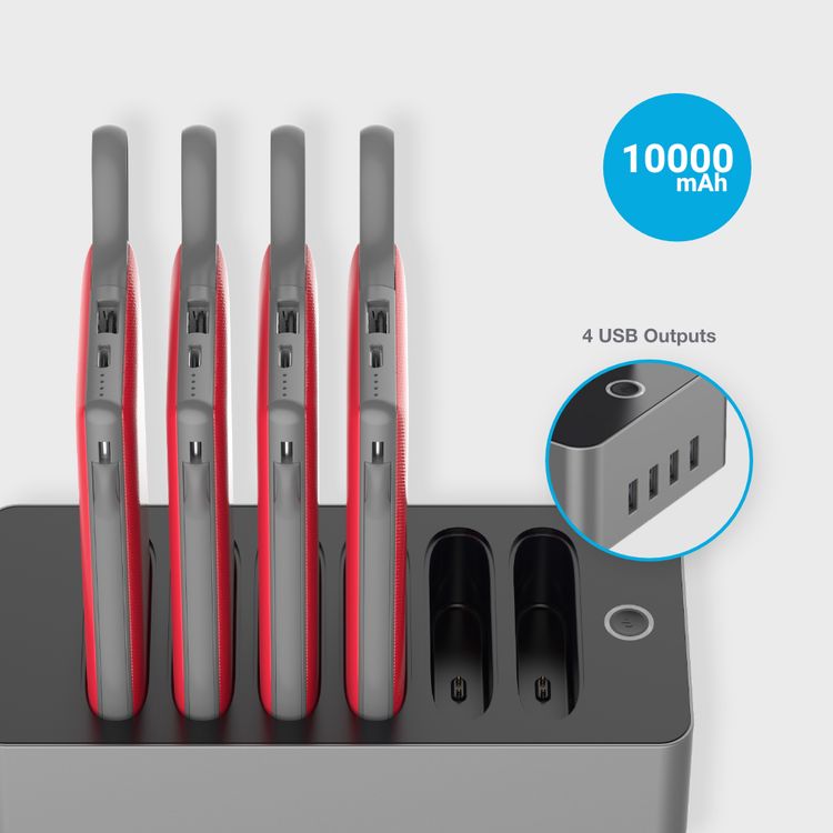 Powerology 6 in 1 Power Bank Station 10000mAh With Built-in Cable, Portable Power Bank, 1 Rapid Recharging Station, Type C Charging Ports - Red 