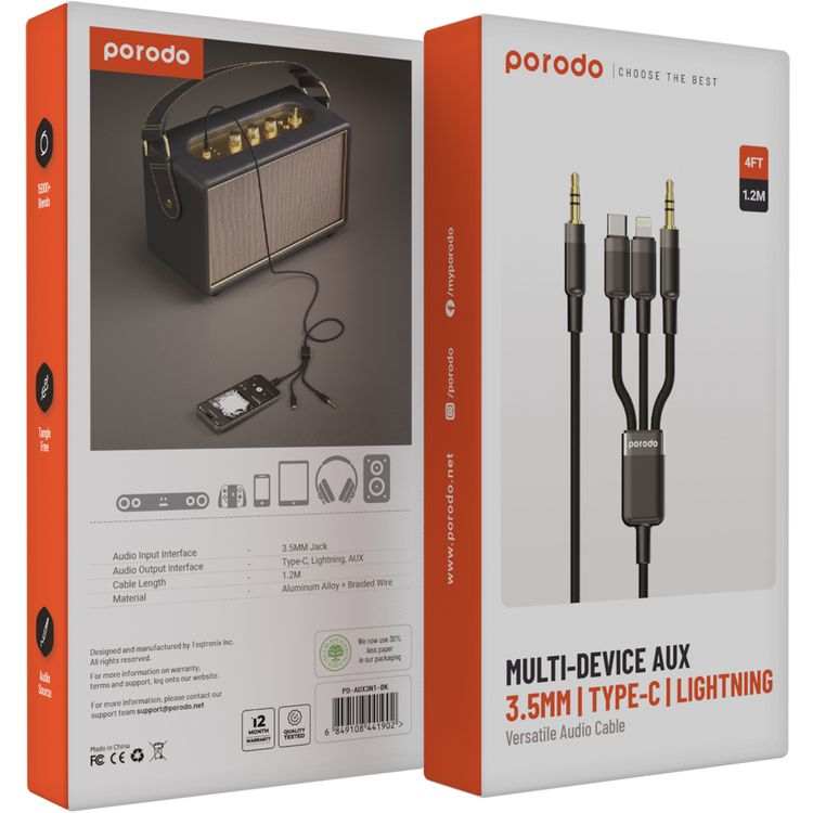Porodo Multi-Device AUX 3.5mm Audio Cable with Type-C & Lightning & AUX Connector, 1.2m Cable Length, Aluminum Alloy & Braided Wire Material, Tangle Free - Black