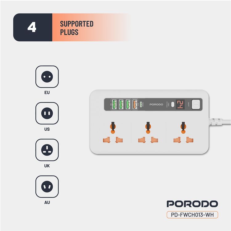 Porodo Multi-Port Power HUB Ultimate Home & Office Kit with 4 USB-A & 1 USB-C, 2m Cable Length, Built-in Safeguard, Over-Heat Protection, LED Display - White