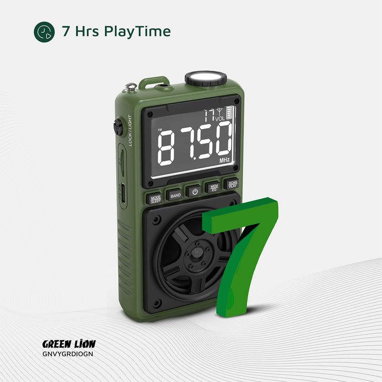 Green Lion Voyager Portable Radio with Bluetooth Speaker, 1.2W Flashlight, 6-7 Hours Playtime, 8-10m Transmission Range, Auto-Scan Mode, Lock & Sleep Function, 1.5 Hours Charging Time - Green