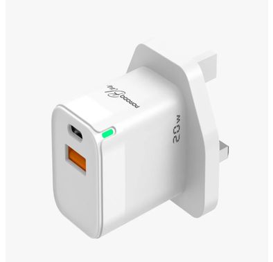 Porodo Blue Ultra-Quick Charger with 1m USB-C to USB-C Cable, USB-A & USB-C Ports, 20W Total Output, 3A Output Current, 5V Output Voltage, Multi-Device Charging, Fast Charge Support - White