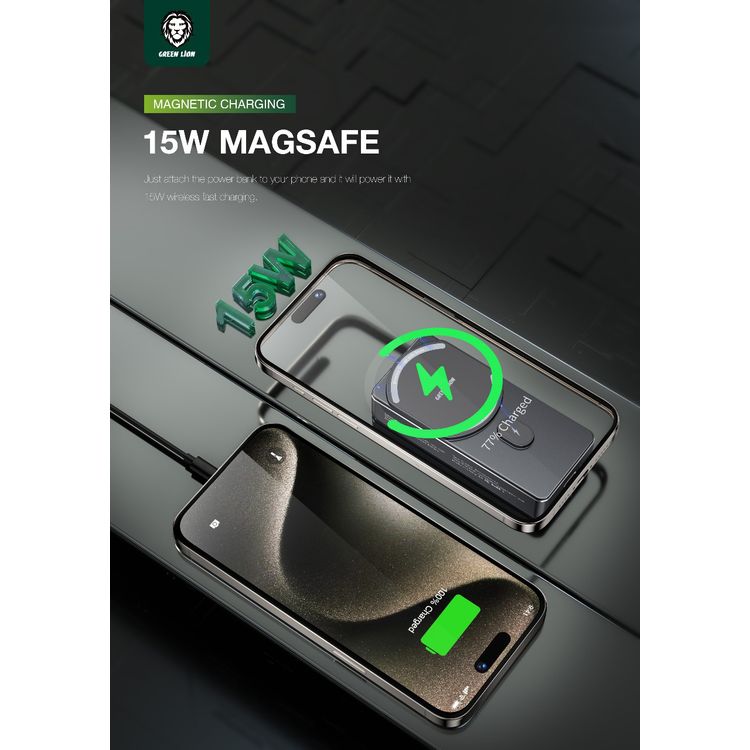 بنك طاقة ميلتون بسعة 10000 مللي أمبير في الساعة من Green Lion، متوافق مع MagSafe، شحن لاسلكي بقدرة 15 وات، مؤشر شحن LED، بطارية كوبالت نقية، مغناطيس قوي، واجهة إدخال من النوع C - أسود