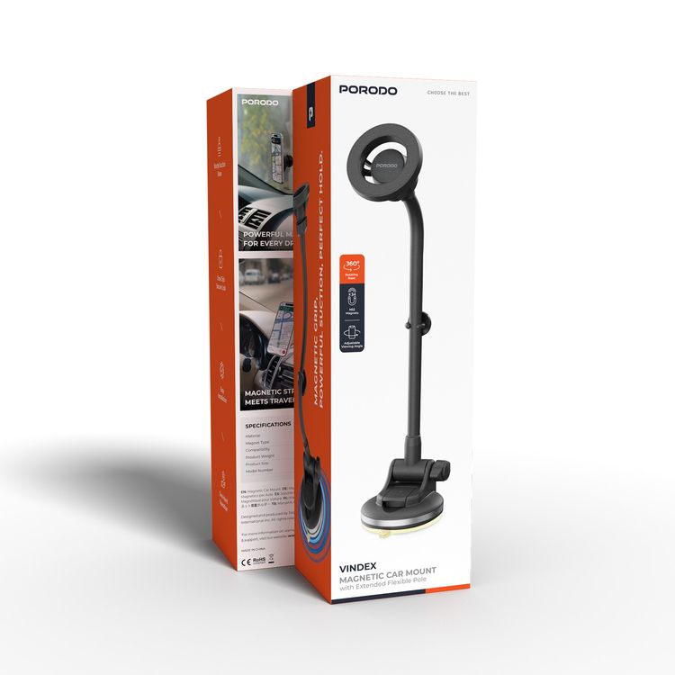 Porodo Vindex Magnetic Car Mount with Extended Flexible Pole, One-Hand Operation, Adjustable Viewing Angle, 360° Rotating Base , One-Click Secure Lock, N52 Magnet Type - Black