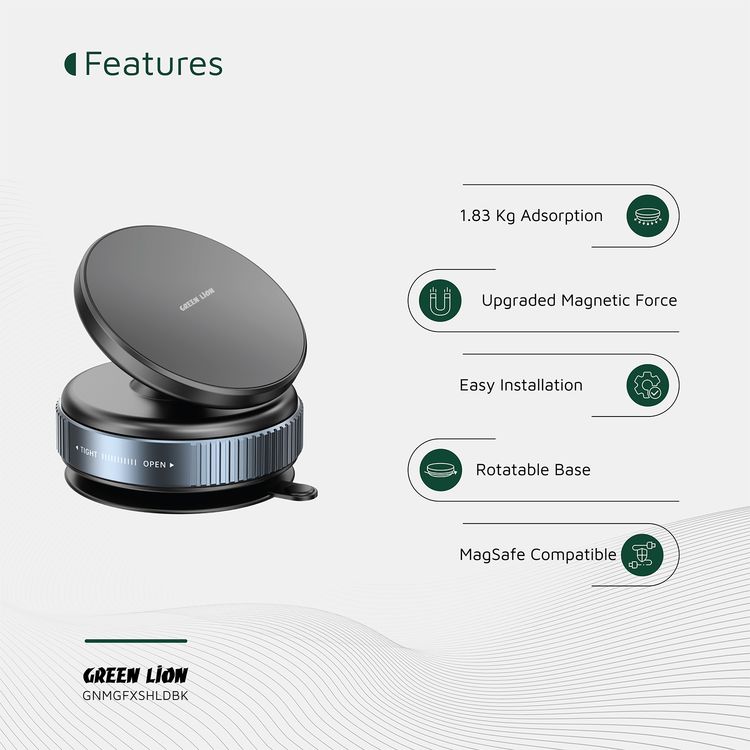 Green Lion Magno Flex Vacuum Suction Holder, 10 × N52 Magnets, 1.83kg Absorption Force, 360° Rotation, Rotatable Base, Easy Installation - Black