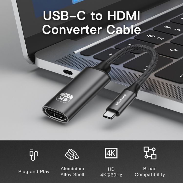 Green Lion 4K USB-C to HDMI Adapter Cable, Portable, Plug & Play, Mirror Mode, Extended Mode, Wide Compatibility, 20cm Cable Length - Black