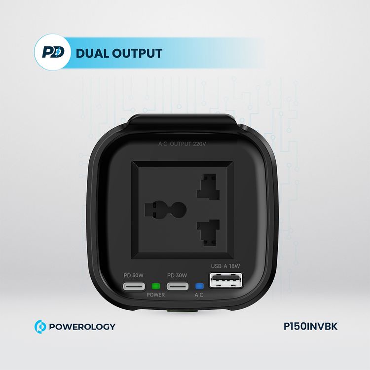 Powerology 150W Cup Holder Power Inverter with 30W Power Delivery, 1× USB-A & 2× USB-C Ports, Seamless Integration, 150W AC Output, Quick Charge Technology, Universal Compatibility - Black