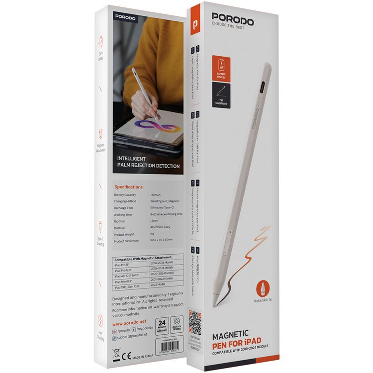 قلم بورودو مغناطيسي لجهاز آيباد، حجم رأس 1.2 ملم، 9 ساعات من العمل المستمر، مصنوع من سبيكة الألومنيوم، منفذ شحن USB-C، بطارية 130 مللي أمبير، متوافق مع نماذج آيباد من 2018 إلى 2024، بدون تأخير، شحن سريع - أبيض