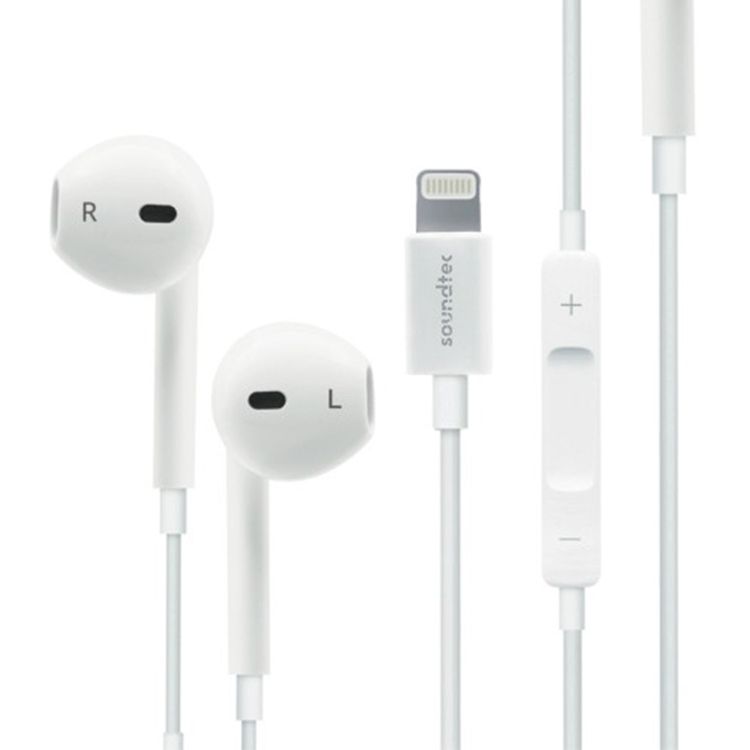 Porodo Soundtec Stereo Wired Earphones with 1.2m Lightning Cable Length, 3 Button Control, High-clarity Microphone, High Sound Quality and Deep Bass, Answer & Close Call - White
