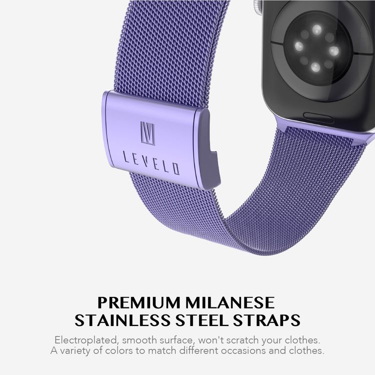 حزام ساعة Levelo Double Milanese لساعة آبل 42/44/45 ملم، مصنوع من الفولاذ المقاوم للصدأ مع مشبك قفل مزدوج قابل للطي، وحزام قابل للتعديل، سهل التركيب - باللون الأرجواني الخزامي.