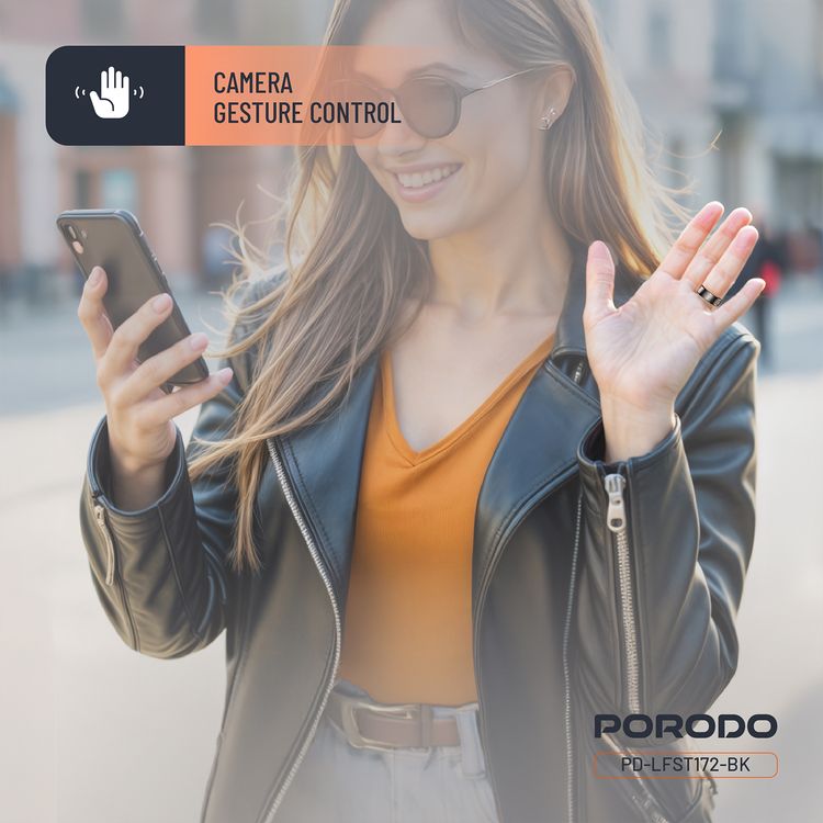 Porodo FitSync Smart Ring with Digital Display with Touch Scroll Function in Small Size 7, Up to 4 Days Active Use Time, 96KB Ram & 128KB ROM, Camera Gesture Control, Activity Tracking & 128 Sport Modes - Black