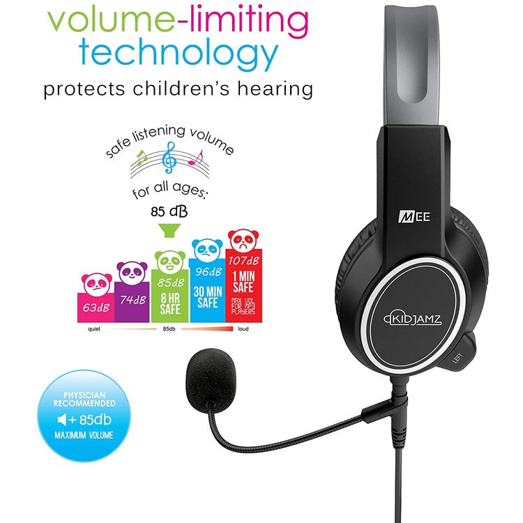 MEE Audio KidJamz Kids Headphone with Built-In Boom Microphone & Volume-Limiting Technology, 85dB, Tangle-resistant Cable, Adjustable & Flexible Headband, Noise-Cancelling - Black