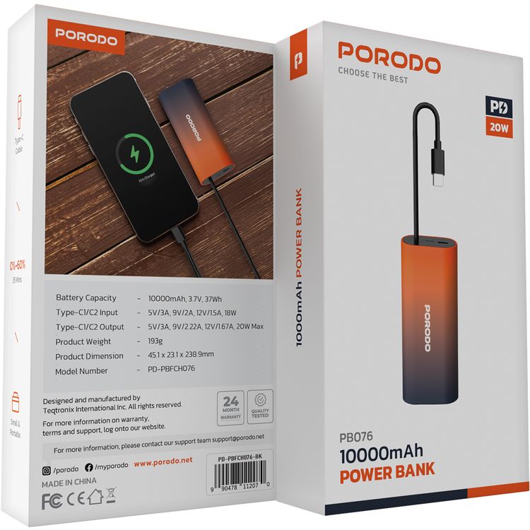 Porodo PB076 10000mAh Power Bank with  Integrated Type-C Cable, PD 20W, Type-C Port, Portable Design, Fast Charge Support - Black