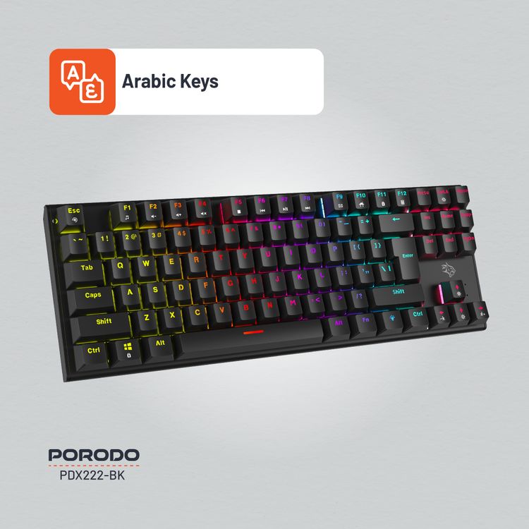 Porodo Gaming TKL Mechanical Keyboard with 12 RGB Light Modes, 25 Anti-Ghosting Keys, 50 Million Clicks Lifespan, 1.5m PVC Cable, Plug & Play, English & Arabic Keys - Black