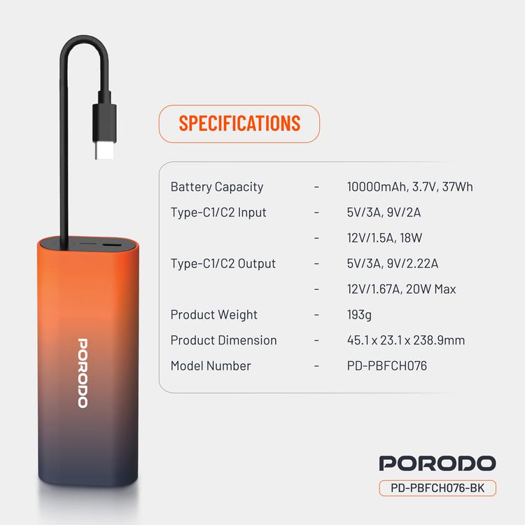 Porodo PB076 10000mAh Power Bank with  Integrated Type-C Cable, PD 20W, Type-C Port, Portable Design, Fast Charge Support - Black