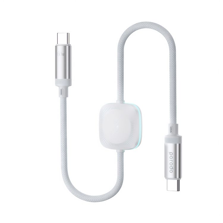 Porodo USB-C To USB-C Data Cable with Wireless Watch Charger, 480Mbps Transfer Speed, 60W USB-C Output, 2.5W Watch Charger Output, 1.2m Length, High-grade Components, Flexible & Durable - White
