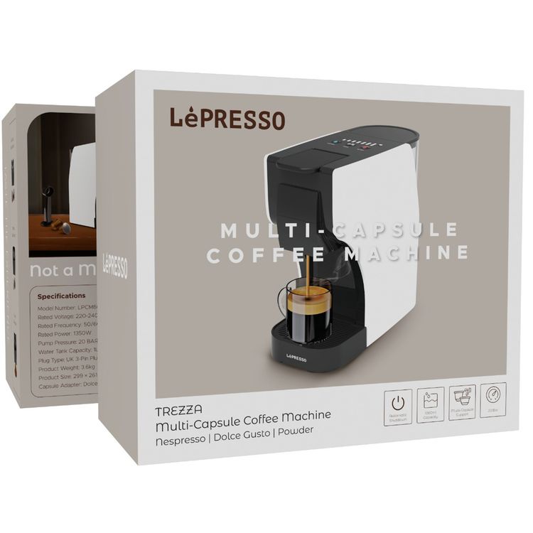ماكينة صنع القهوة متعددة الكبسولات LePresso Trezza بقدرة 1350 وات، وسعة خزان ماء 1 لتر، وضغط مضخة 20 بار، وجهد كهربائي 220-240 فولت، وإيقاف تلقائي - لون أبيض.