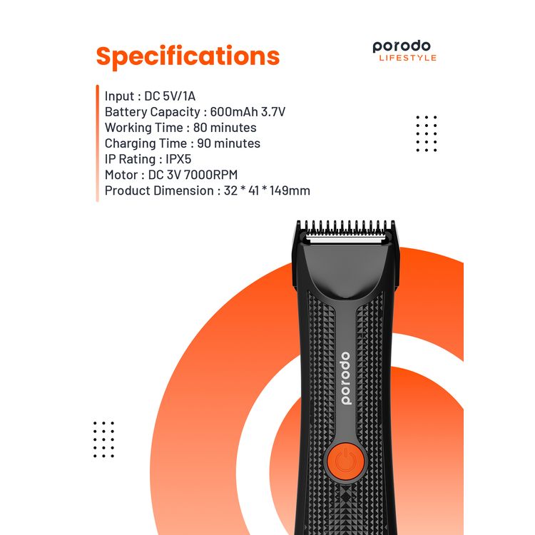 Porodo Lifestyle Sensitive Parts Hair Trimmer, 3.7V 600mAh Battery Capacity, 80 Minutes Working Time, 90 Minutes Charging Time, Ergonomic no-Slip Handle, IPX5 Water-Resistant - Black