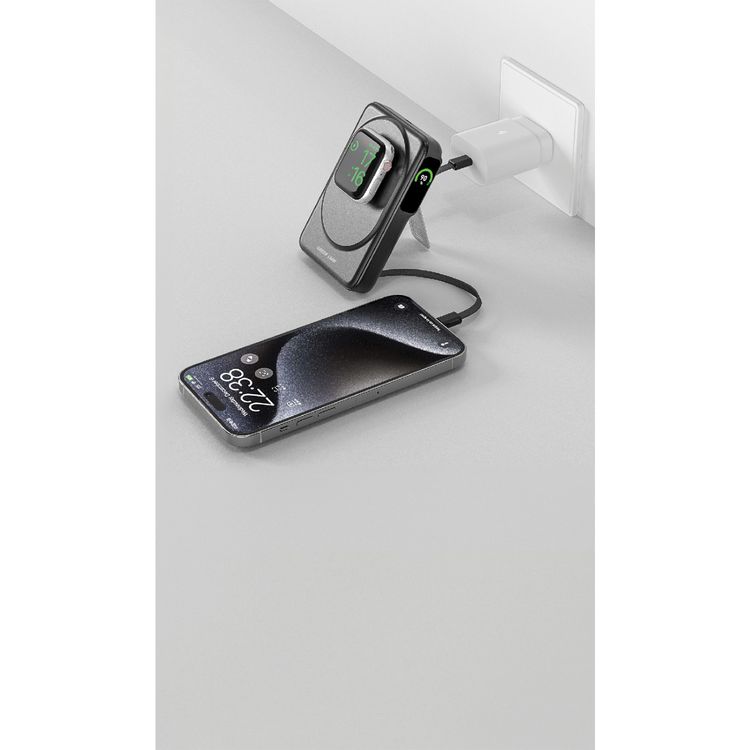 بنك الطاقة جرين ليون ماج-فيجن بقوة 10000 مللي أمبير مع كابلين مدمجين، منفذ USB-C، دعم الشحن السريع، توصيل طاقة 22.5 وات، حامل، شحن لاسلكي بقوة 15 وات - أسود