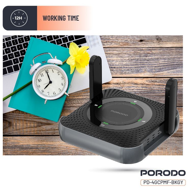 Porodo 4G & LTE Portable Router with 40m Signal Distance, 12 Hours Working Time, 10 Connected Devices, 100Mbps LAN, 4000mAh Battery Capacity, Micro SIM, CPE & MiFi, CAT4 Category, 150Mbps Download Rates, 50Mbps Upload Rates - Black / Gray