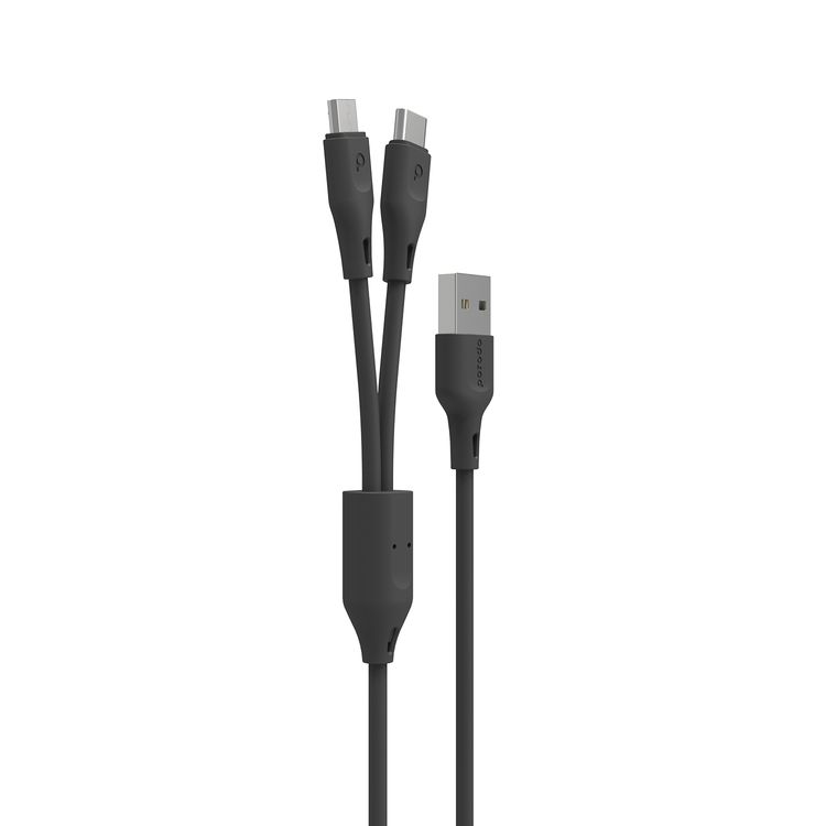 Porodo 2-in-1 USB-A Cable with Type-C & Micro USB Connectors, 1.2m Cable Length, TPE & PVC Materials, More than 5000 Bends Lifespan, 2.4A Current, Fast Charge & Data Sync - Black