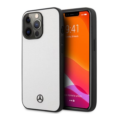 CG MOBILE Mercedes Benz Genuine Leather Hard Case Meshed Effect Metal Black Star Logo Compatible for iPhone 13 Pro (6.1") Easy Access to All Ports, Anti-Scratch