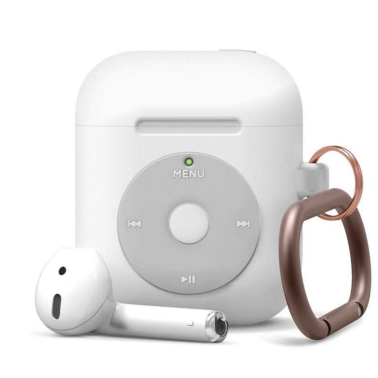 Elago AW6 Hang Case Designed with Anti-Lost Carabiner Compatible for Apple AirPods  1 & 2 Generation, Classic Music Player Design, Supports Wireless Charging, Scratch Resistant