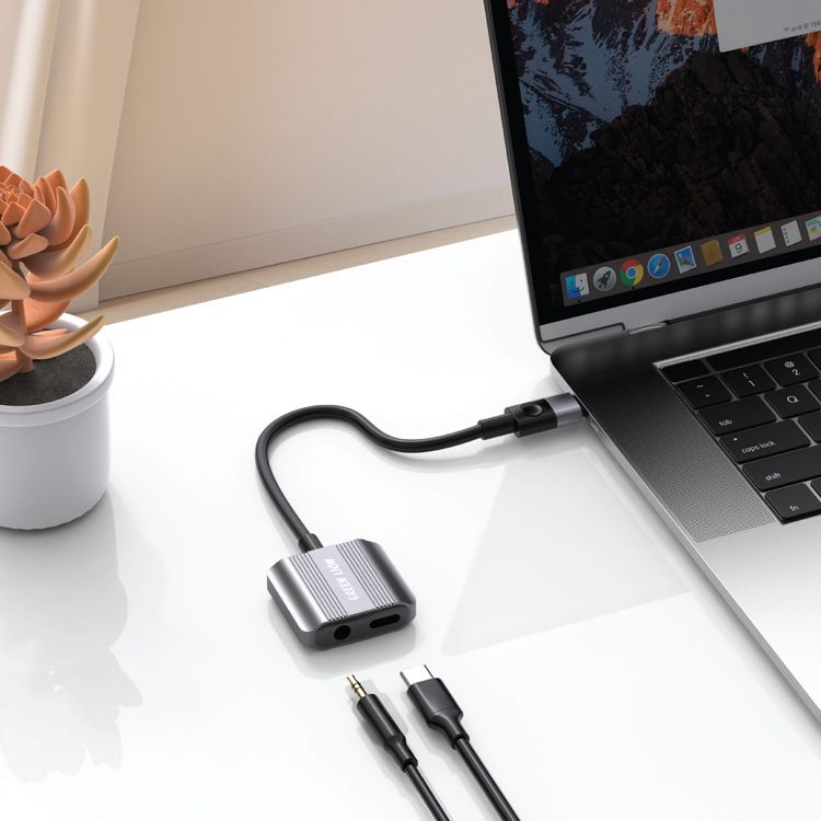 Green Lion 2-in-1 Splitter Adapter Type-C to AUX & Type-C, 12 cm, 5V/2.4A, 12W Charging Output, Aluminum Alloy + TPE - Gray