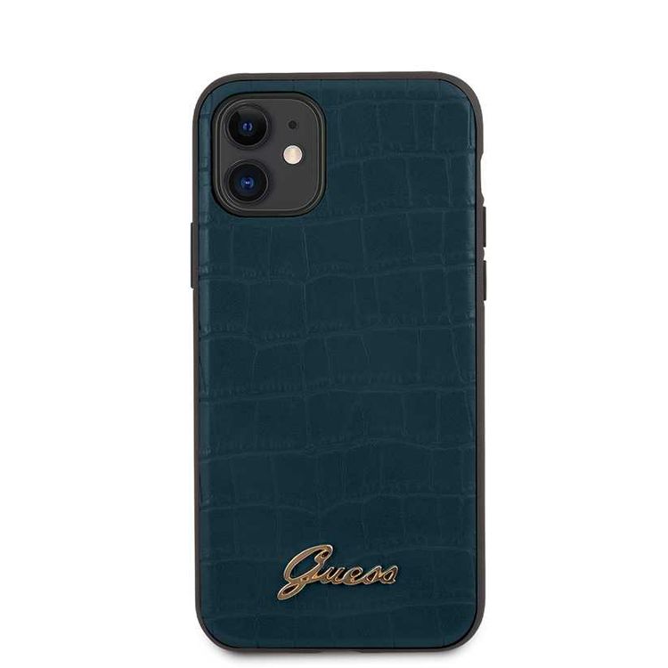 CG Mobile Guess PU Croco Print Phone Case with Metal Logo Compatible for iPhone 11 (6.1") Shock & Scratch Resistant Officially Licensed - Blue