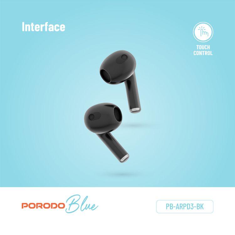Porodo Blue Deep Bass Wireless Earbuds 3, 20 Hours Working Time, Type-C Charging Port, Environmental Noise Cancellation, Independent Earbuds, Touch Control - Black