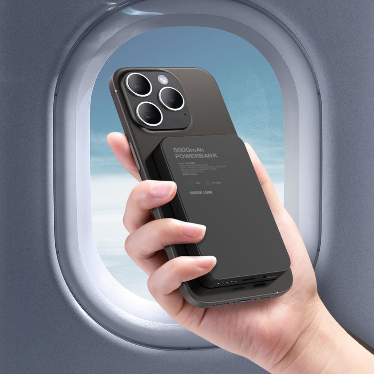 Green Lion GL-MAG 5000mAh Power Bank with 20W Power Delivery, MagSafe Charging, LED Indicator, 15W Wireless Charging, Slim Design - Black