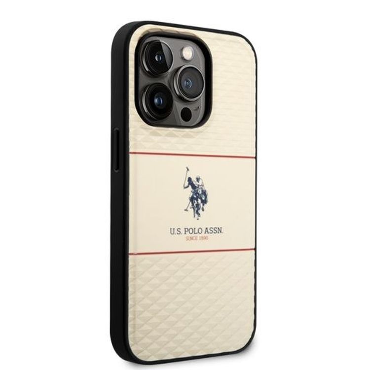 حافظة صلبة مخططة من US Polo لهاتف iPhone 14 Pro - البيج