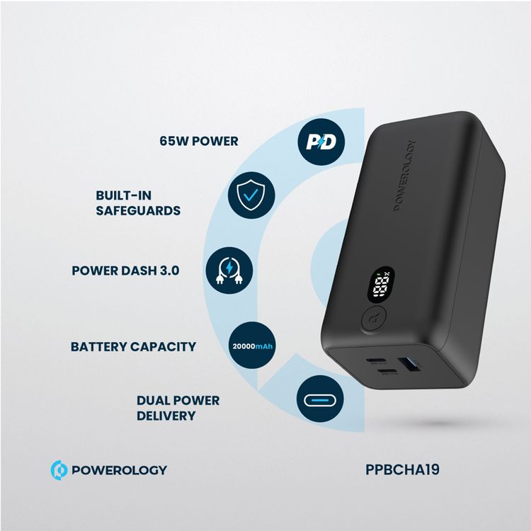 Powerology 20000mAh 65W Onyx Power Bank, Overcharging Protection, USB-A & x2 USB-C Output, LED Display, Fast Charging, Compatible With Laptop  - Black