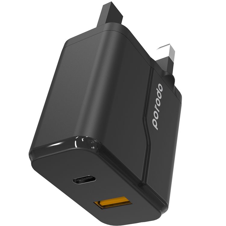 Porodo Dual Port Wall Charger with 20W Power Delivery, QC 18W, Fire Retardant Material, Overcurrent Protection, UK 3-Pin Plug, Built-in Protective Mechanisms - Black
