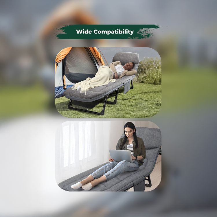 Green Lion Foldable Camping Bed, Up to 150kg Load Capacity, 6 Adjustable Backrest, Anti-Slip Feet, Comfortable Pillow, Easy Installation & Easy to Carry, Thickened Steel Frame - Gray