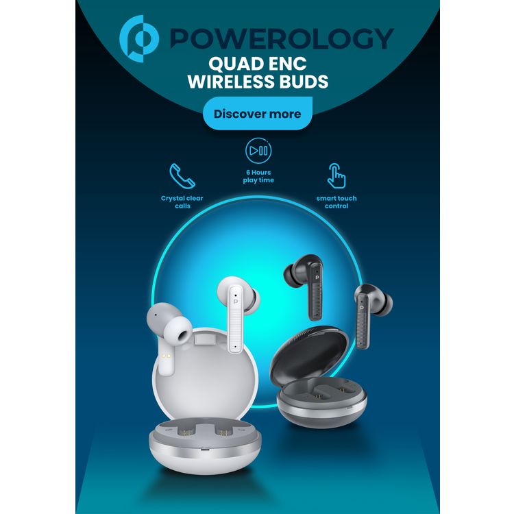 Powerology TWS Earbuds with Quad Mic ENC, 6h Playtime, Bluetooth 5.3, 30minutes Charging Time, 10m Transmission Distance, Type-C Port, Smart Touch Control, Wireless Charging - Black