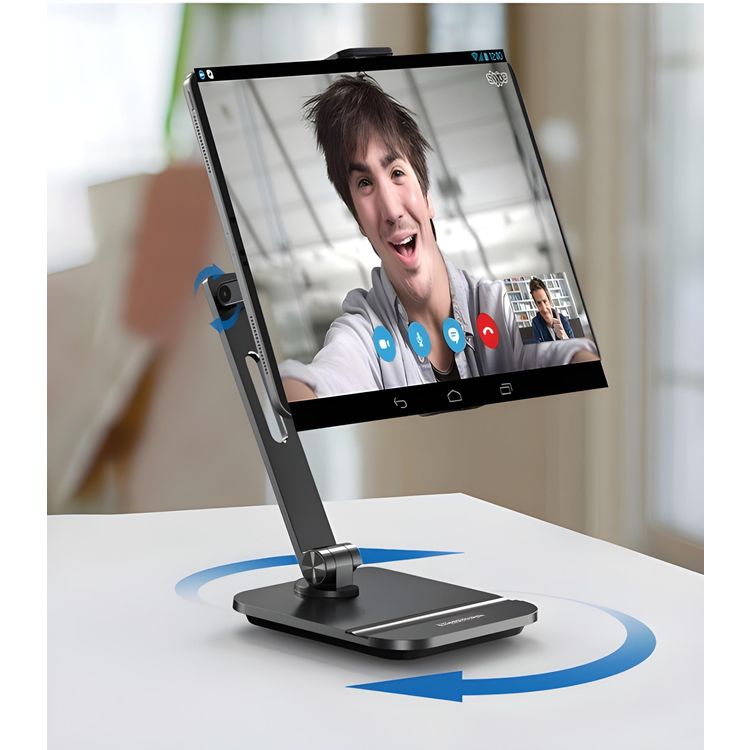 Powerology Smart-Clamp Phone & Tablet Mount with Non-Slip Base, 500mAh Battery, Horizontal & Vertical Viewing, Motorized Automatic Clamp, 360° Rotation, Stylus-Ready Design - Black