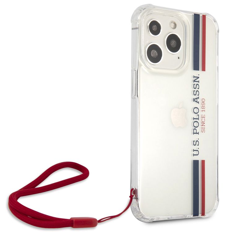 CG MOBILE U.S. Polo Assn. PC/TPU USPA Stripes Logo Shiny Case with Anti-Lost Red Nylon Cord Compatible for iPhone 13 Pro (6.1") Anti-Scratch, Easy Access to All Ports