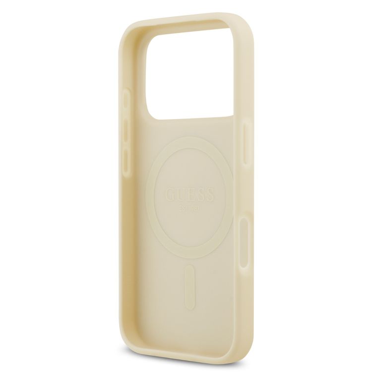 غلاف غيس ماجسيف من جلد البولي يوريثان مع شعار كلاسيكي وتصميم ختم زهري لهاتف آيفون 17 برو، بتصميم نحيف، سهل التركيب، تغليف مستدام، ملمس مريح، وحماية من السقوط - بيج