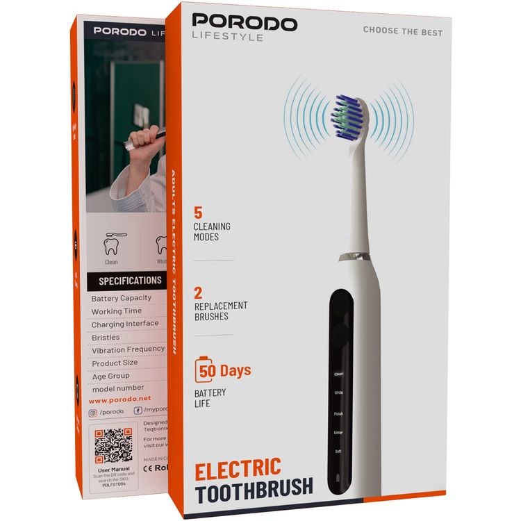 Porodo Lifestyle Electric Toothbrush with 5 Cleaning Modes, Up to 50 Days Working Time, High-Quality Bristles, 2 Extra Replacement Brush Heads, 500mAh Battery Capacity - White