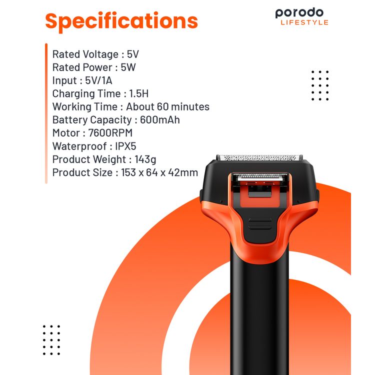Porodo LifeStyle Dual Purpose Beard Trimmer with Seamless Close Shave, USB-C Charging Interface, 1.5 Hours Charging Time, Up to 60 Minutes Working Time, 400mL Bottle Capacity, IPX5 Water Resistance Level, 1100mAh Battery Capacity, Washable, Digital Display - Black