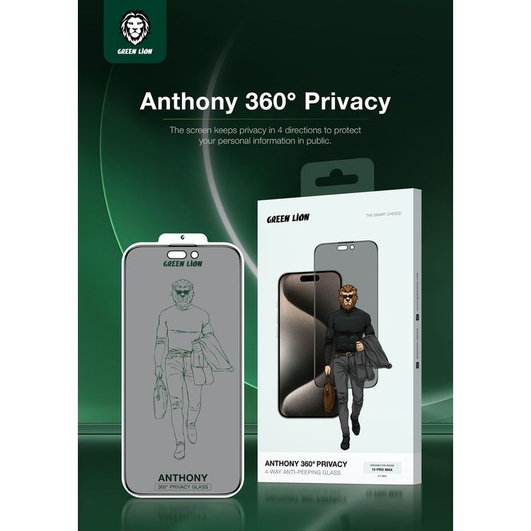 Green Lion ANTHONY 360° Privacy Screen Protector Glass for iPhone 15 Pro Max, 4-Way Anti-Peeping, Grease Resistance, Anti-Fingerprint, Anti-Peeping, Anti-Scratch, Easy Installation, Smudge-Free, Ultra-Thin Screen - Black