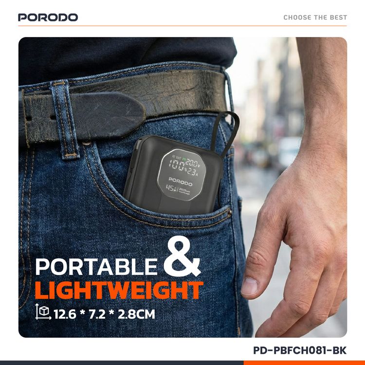 Porodo 20000mAh Power Bank with Retractable & Detachable Type-C Cables, 45W Power Delivery, 22.5W QC Output, LED Power Info Display, Multi-Device Charging - Black
