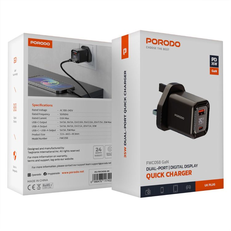 Porodo Dual-Port Quick Wall Charger with 35W Power Delivery, Built-in Safeguards, Digital Display, 0.8A Maximum Rated Current, GaN Technology - Black
