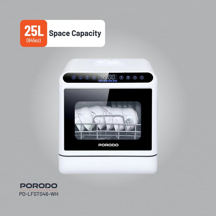 Porodo Lifestyle Counter-Top Dishwasher 220V, 5L Water Tank Capacity, 25L Space Capacity, Hot Air Drying, Hygienic Cleaning Power, UV Sterilization - White