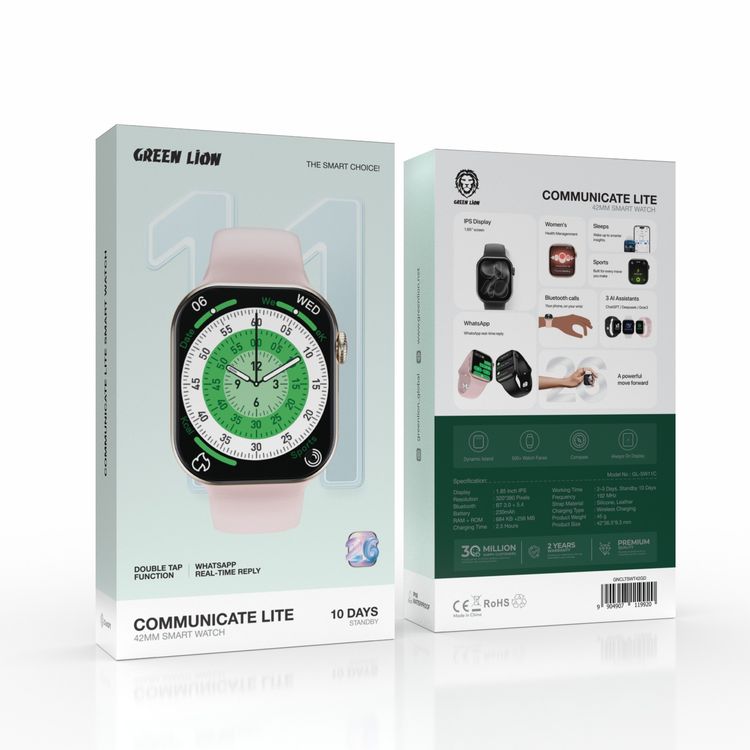 Green Lion Communicate Lite 42mm Smart Watch with 1.85 Inch IPS Display, 230mAh Battery Capacity, 2-3 Days Working Time, 10 Days Standby Time, Bluetooth Version 3.0 + 5.4, Wireless Charging, Double Tap Function, Dynamic Island, Always-On Display, 500+ Watch Faces - Gold