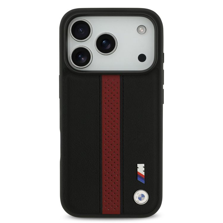 BMW PU Leather Case with Perforated Stripes & Metal Logos for iPhone 17 Pro, MagSafe Compatible, Sustainable Packaging, Drop Protection, Slim Profile, Easy Snap-On Design - Black / Red