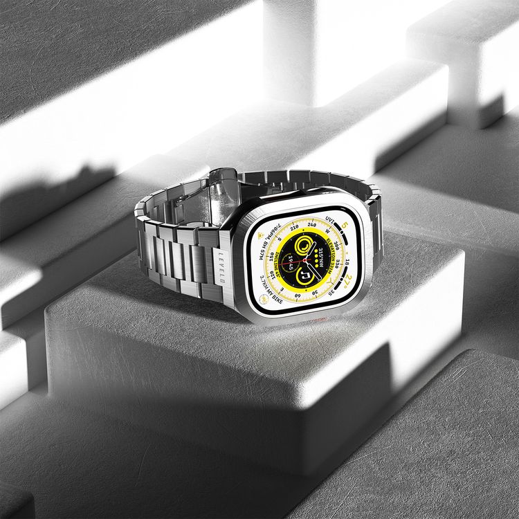 Levelo Royal Stainless Steel Strap & Case for Apple Watch 49mm, Butterfly Clasp, Adjustable Links, Quick & Convenient Removal - Silver