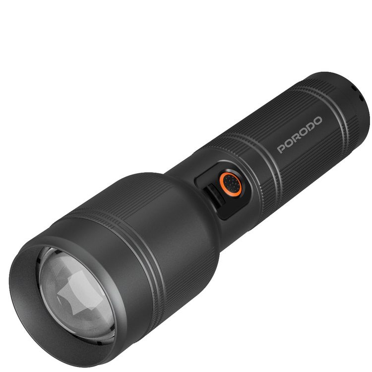 Porodo Lumalite 2600 Lumens Rechargeable Flashlight with Ultra-Bright Beam, 5000mAh Battery, 30W Rated Power, Up to 700m Coverage Area, USB-C Charging Port, 3.8 Hours Working Time, Manual Zoom Control, Multi-Mode Operation - Gray